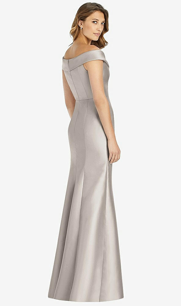 Back View - Taupe Off-the-Shoulder Cuff Trumpet Gown with Front Slit