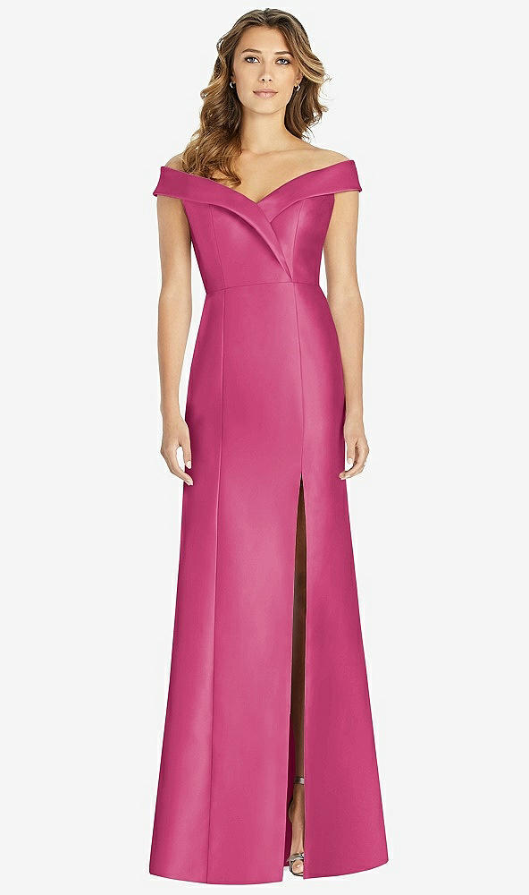 Front View - Tea Rose Off-the-Shoulder Cuff Trumpet Gown with Front Slit