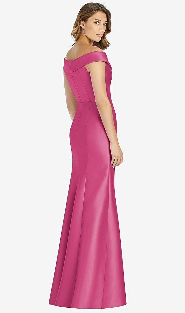 Back View - Tea Rose Off-the-Shoulder Cuff Trumpet Gown with Front Slit