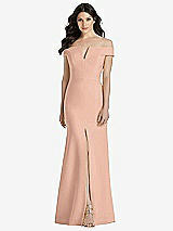 Front View Thumbnail - Pale Peach Off-the-Shoulder Notch Trumpet Gown with Front Slit