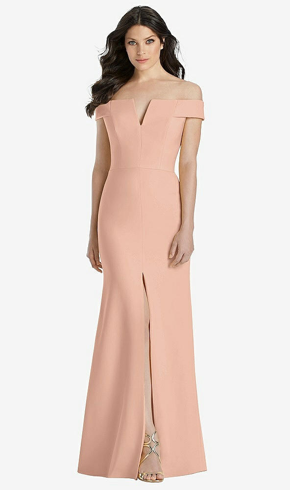 Front View - Pale Peach Off-the-Shoulder Notch Trumpet Gown with Front Slit
