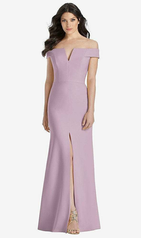 Front View - Suede Rose Off-the-Shoulder Notch Trumpet Gown with Front Slit