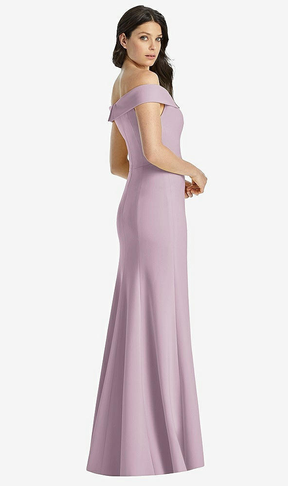 Back View - Suede Rose Off-the-Shoulder Notch Trumpet Gown with Front Slit