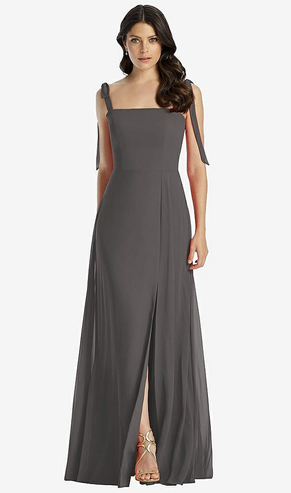 Front View - Caviar Gray Tie-Shoulder Chiffon Maxi Dress with Front Slit