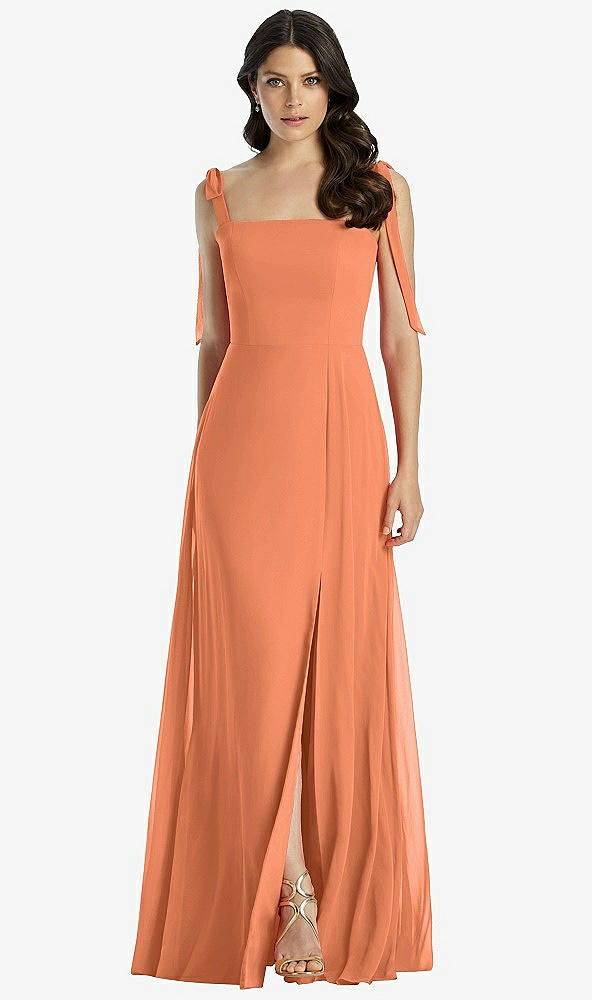 Front View - Sweet Melon Tie-Shoulder Chiffon Maxi Dress with Front Slit