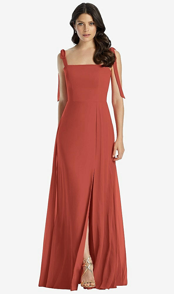 Front View - Amber Sunset Tie-Shoulder Chiffon Maxi Dress with Front Slit