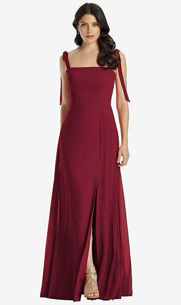 Front View - Burgundy Tie-Shoulder Chiffon Maxi Dress with Front Slit
