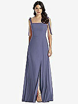Front View Thumbnail - French Blue Tie-Shoulder Chiffon Maxi Dress with Front Slit