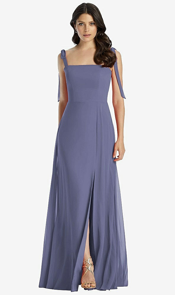 Front View - French Blue Tie-Shoulder Chiffon Maxi Dress with Front Slit
