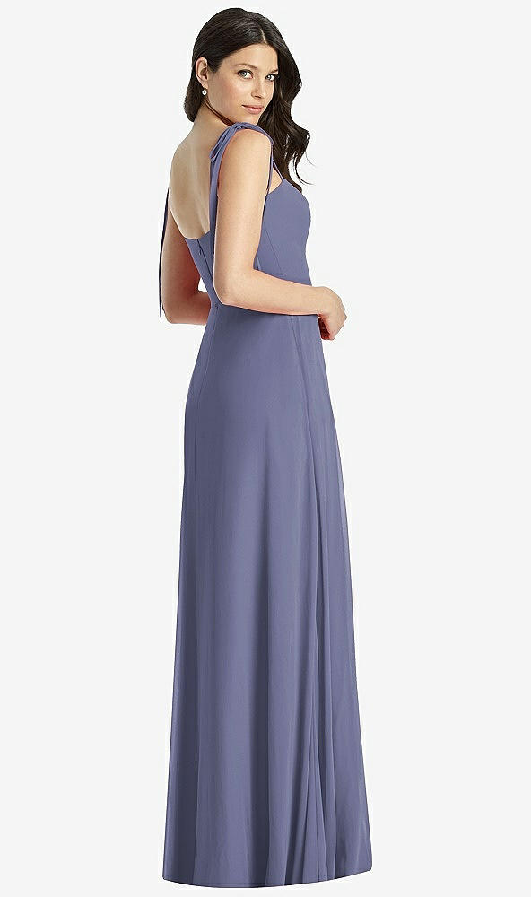 Back View - French Blue Tie-Shoulder Chiffon Maxi Dress with Front Slit