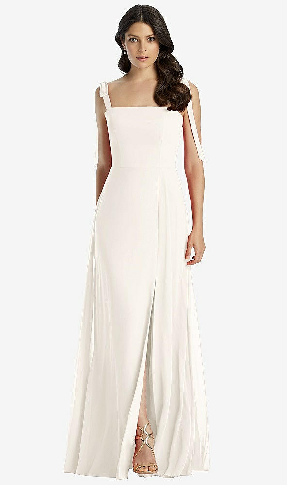 Front View - Ivory Tie-Shoulder Chiffon Maxi Dress with Front Slit