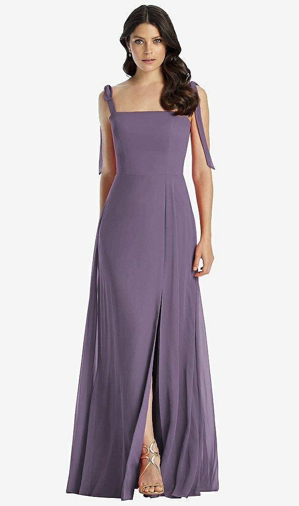 Front View - Lavender Tie-Shoulder Chiffon Maxi Dress with Front Slit