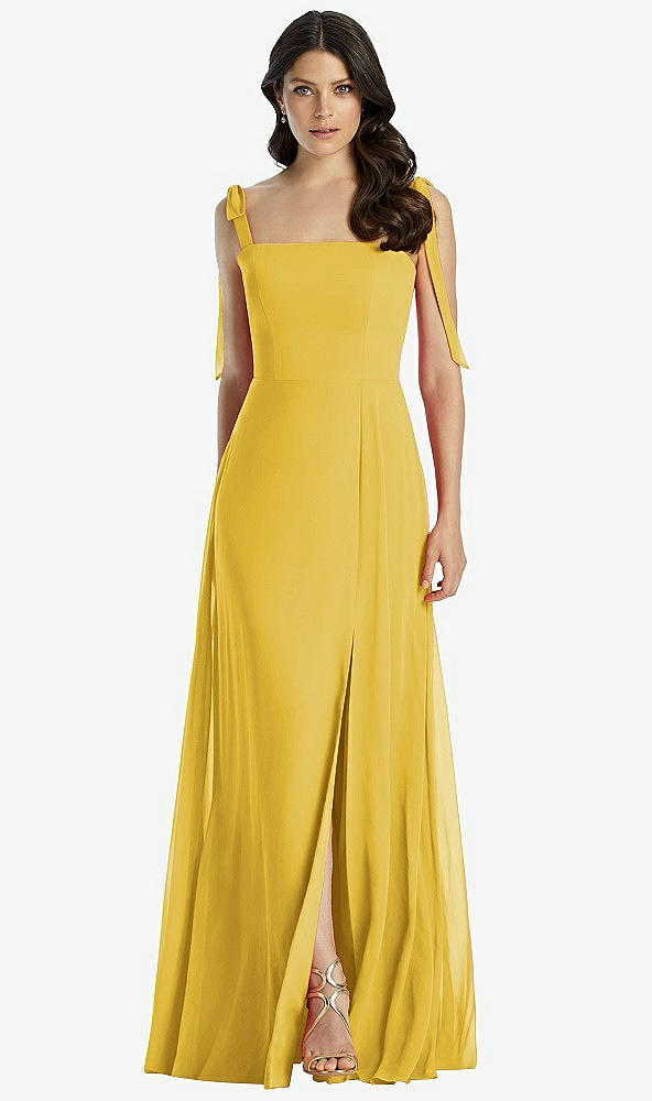 Front View - Marigold Tie-Shoulder Chiffon Maxi Dress with Front Slit