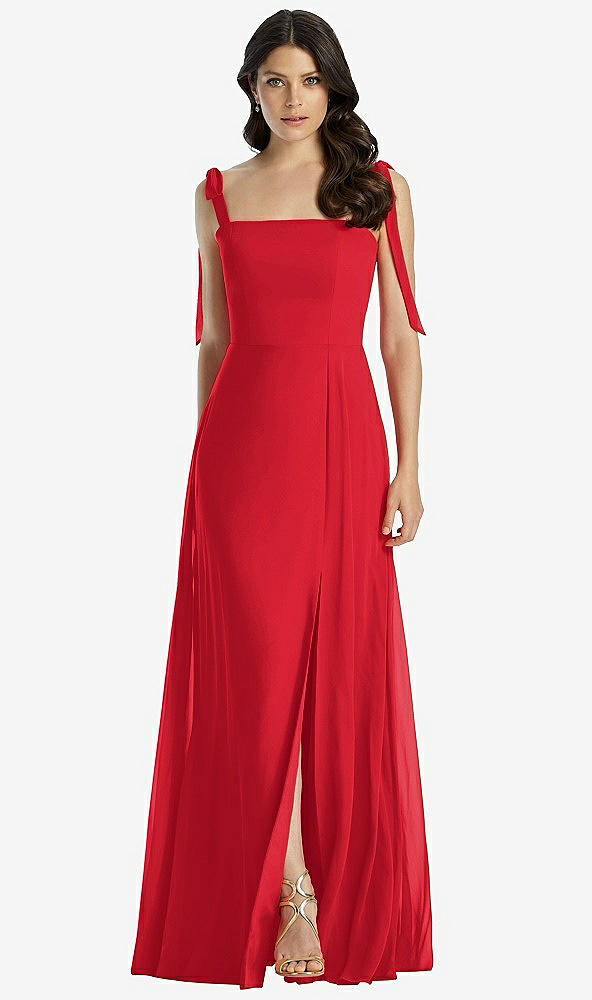 Front View - Parisian Red Tie-Shoulder Chiffon Maxi Dress with Front Slit
