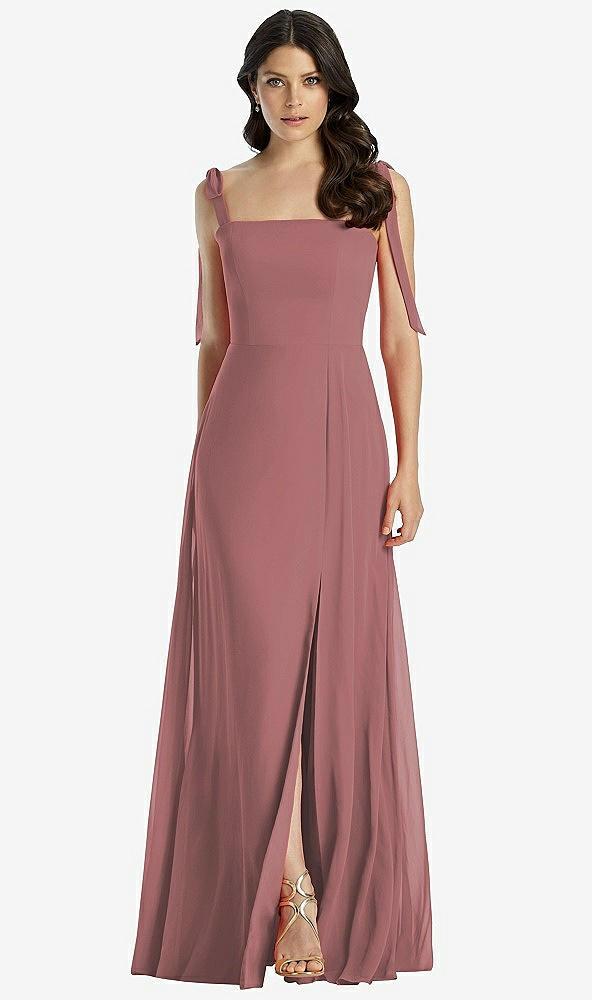 Front View - Rosewood Tie-Shoulder Chiffon Maxi Dress with Front Slit