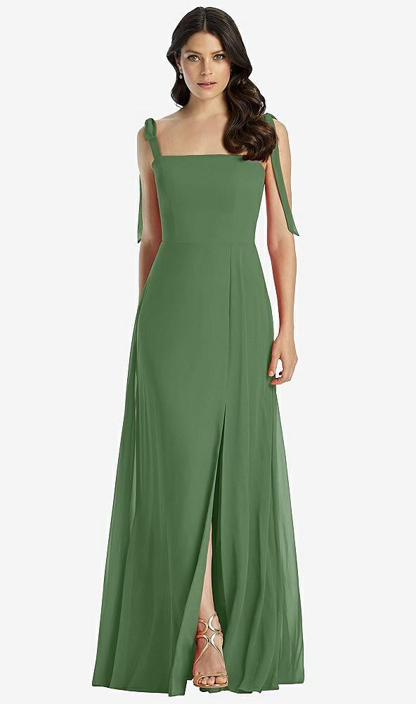 Front View - Vineyard Green Tie-Shoulder Chiffon Maxi Dress with Front Slit