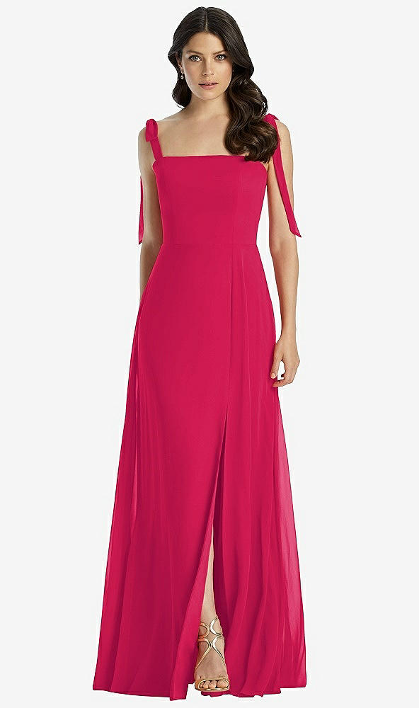 Front View - Vivid Pink Tie-Shoulder Chiffon Maxi Dress with Front Slit