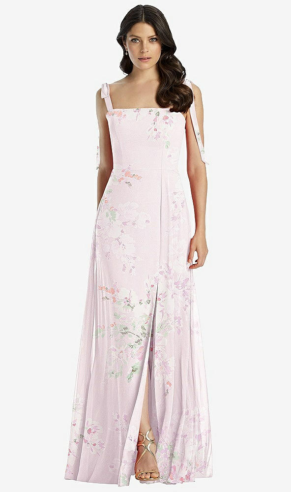 Front View - Watercolor Print Tie-Shoulder Chiffon Maxi Dress with Front Slit