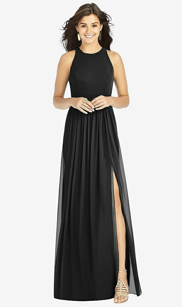 Front View - Black Shirred Skirt Halter Dress with Front Slit