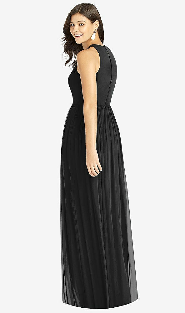 Back View - Black Shirred Skirt Halter Dress with Front Slit