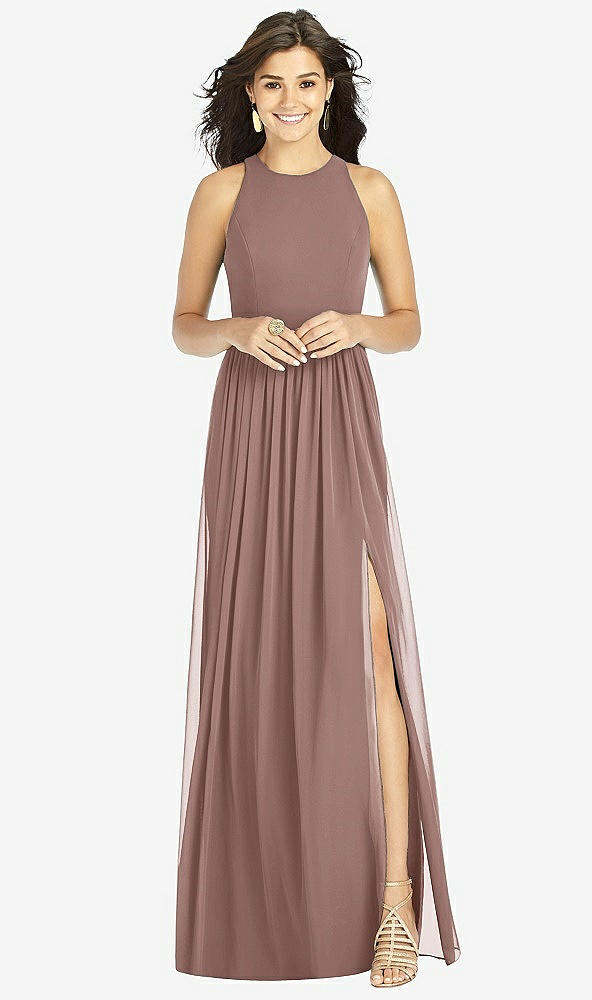 Front View - Sienna Shirred Skirt Halter Dress with Front Slit