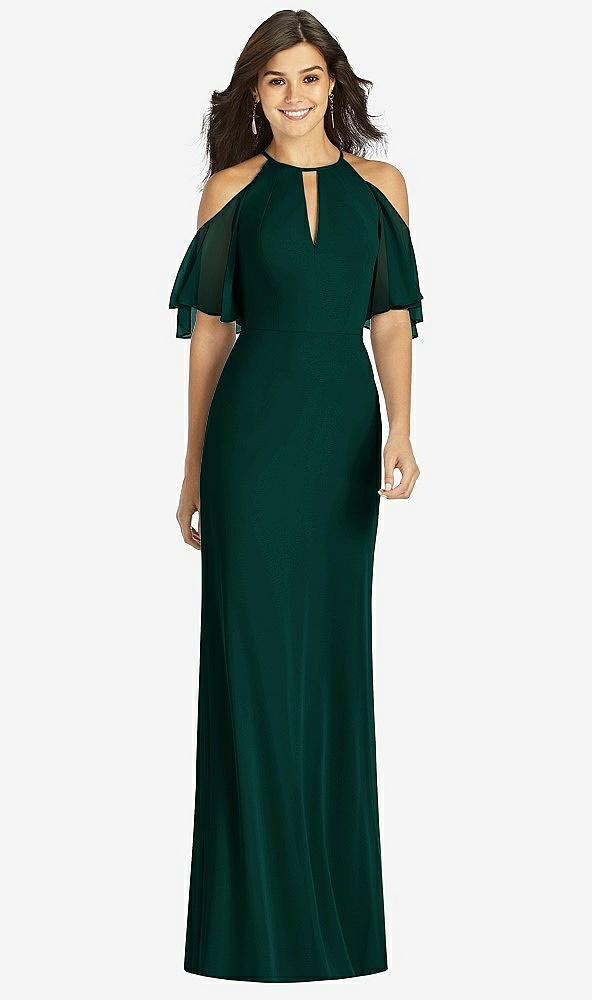 Front View - Evergreen Ruffle Cold-Shoulder Mermaid Maxi Dress