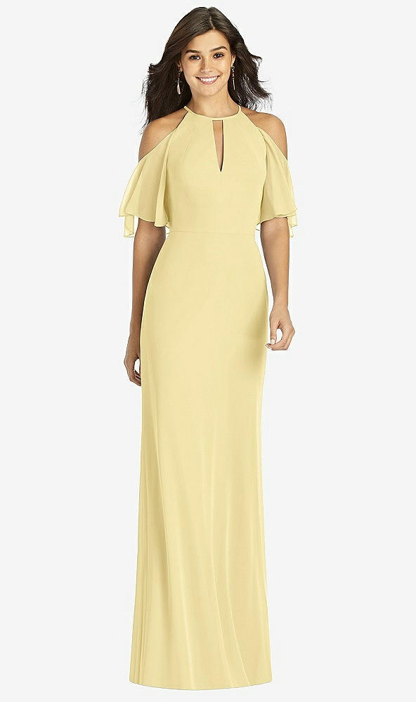 Front View - Pale Yellow Ruffle Cold-Shoulder Mermaid Maxi Dress