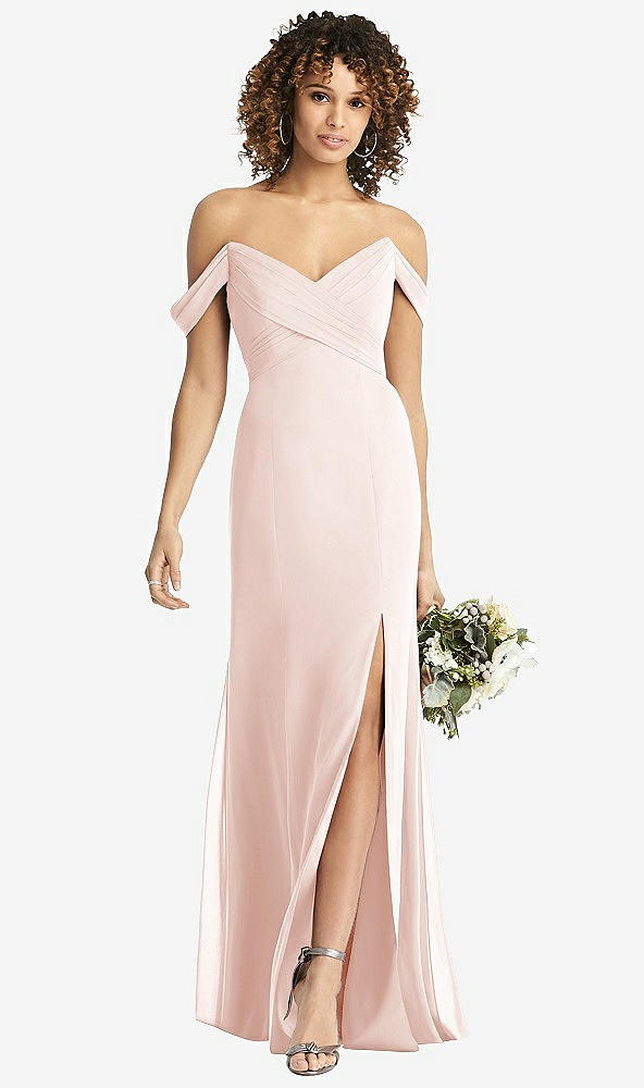 Front View - Blush Off-the-Shoulder Criss Cross Bodice Trumpet Gown