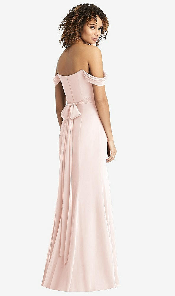 Back View - Blush Off-the-Shoulder Criss Cross Bodice Trumpet Gown