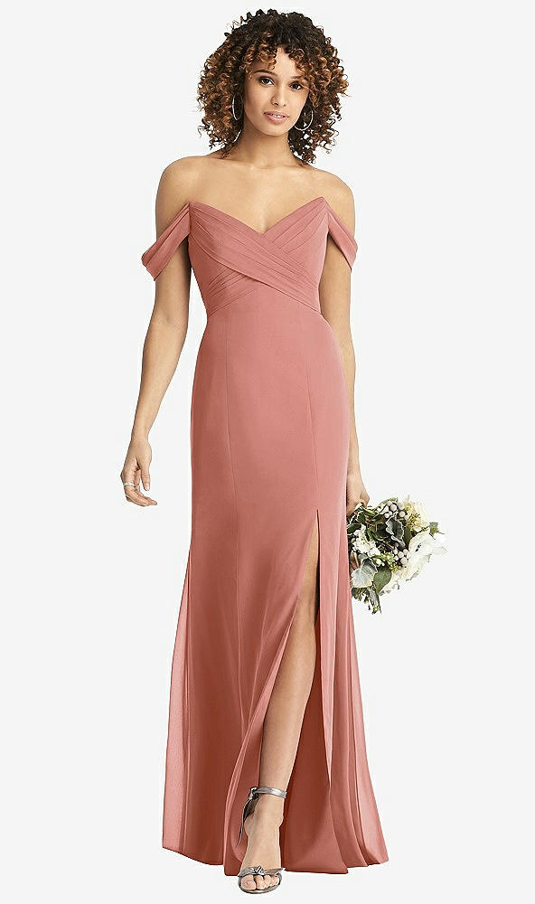 Front View - Desert Rose Off-the-Shoulder Criss Cross Bodice Trumpet Gown