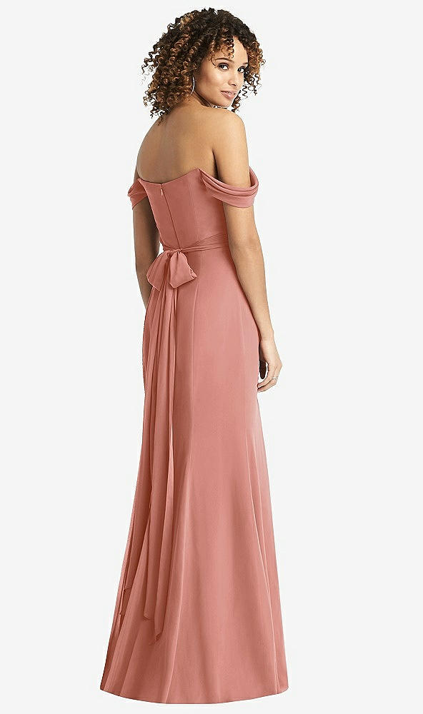 Back View - Desert Rose Off-the-Shoulder Criss Cross Bodice Trumpet Gown