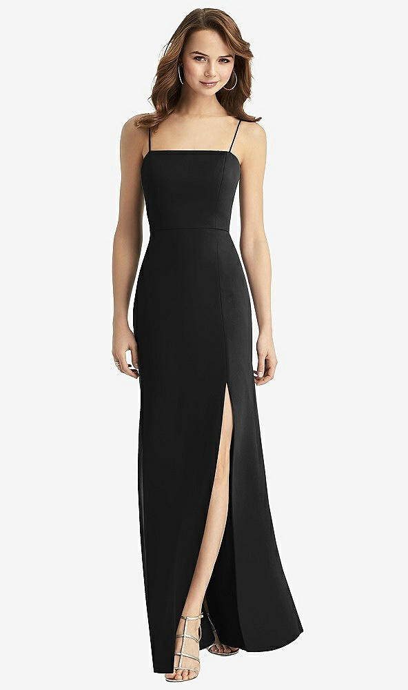 Back View - Black Tie-Back Cutout Trumpet Gown with Front Slit