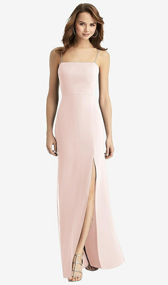 Back View - Blush Tie-Back Cutout Trumpet Gown with Front Slit