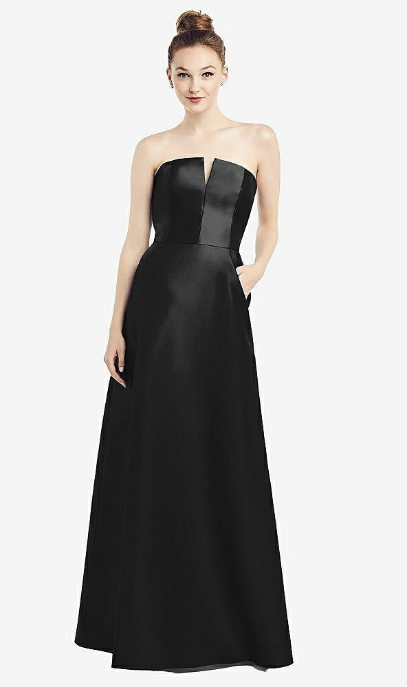 Front View - Black Strapless Notch Satin Gown with Pockets