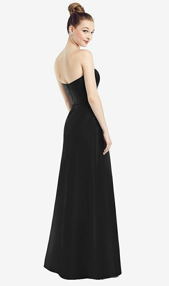 Back View - Black Strapless Notch Satin Gown with Pockets
