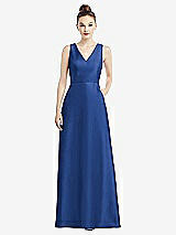 Front View Thumbnail - Classic Blue Sleeveless V-Neck Satin Dress with Pockets