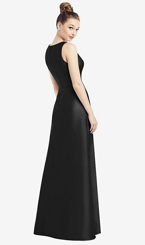Back View - Black Sleeveless V-Neck Satin Dress with Pockets