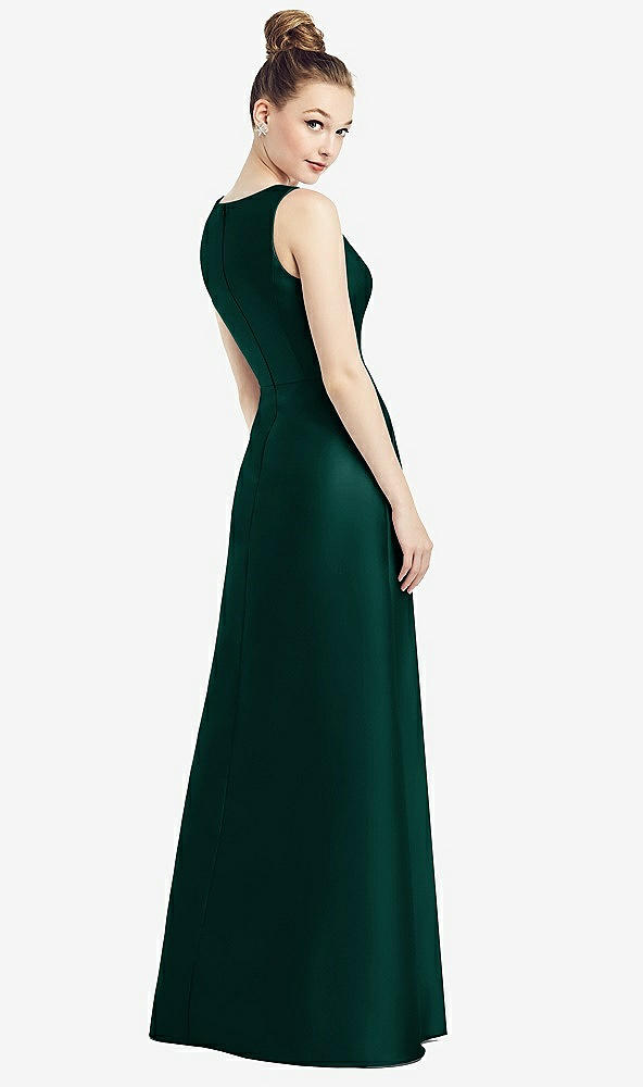 Back View - Evergreen Sleeveless V-Neck Satin Dress with Pockets