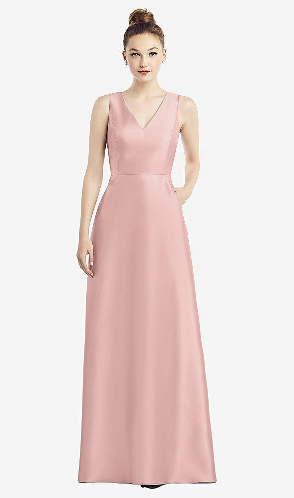 Front View - Rose - PANTONE Rose Quartz Sleeveless V-Neck Satin Dress with Pockets