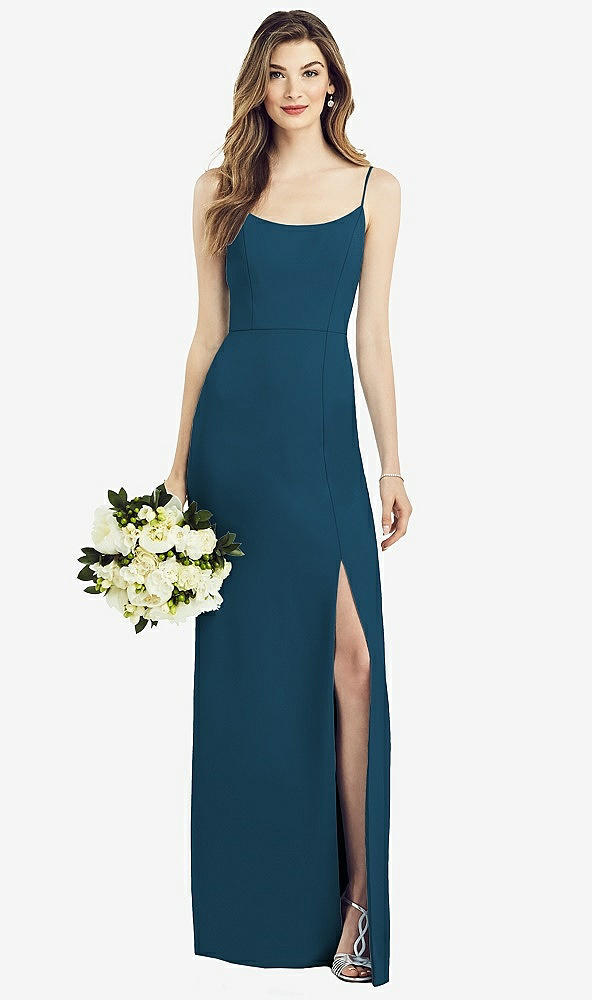 Front View - Atlantic Blue Spaghetti Strap V-Back Crepe Gown with Front Slit