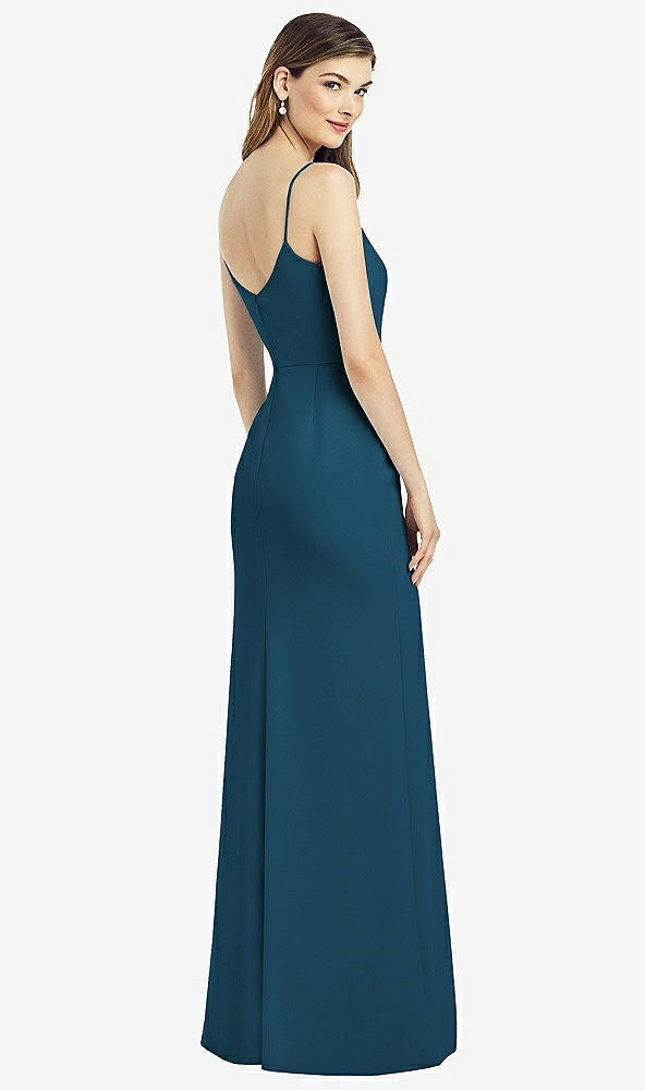 Back View - Atlantic Blue Spaghetti Strap V-Back Crepe Gown with Front Slit