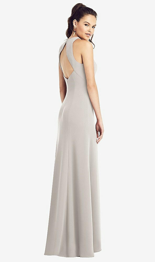 Back View - Oyster Open-Back Jewel Neck Trumpet Gown with Front Slit