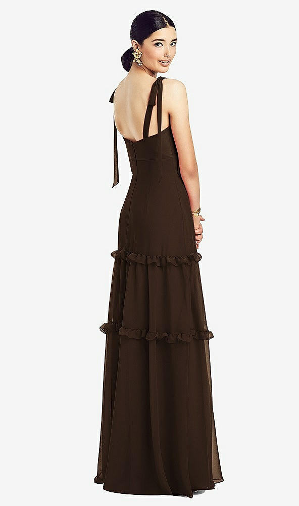 Back View - Espresso Bowed Tie-Shoulder Chiffon Dress with Tiered Ruffle Skirt