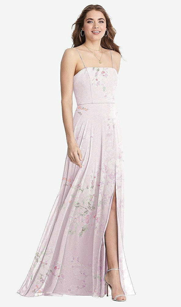 Front View - Watercolor Print Square Neck Chiffon Maxi Dress with Front Slit - Elliott