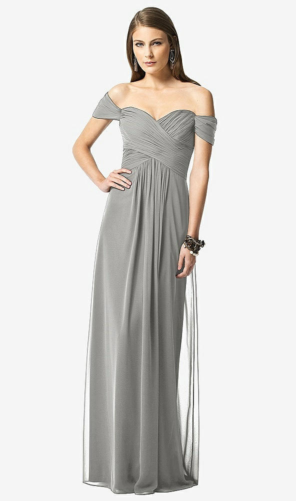 Front View - Chelsea Gray Off-the-Shoulder Ruched Chiffon Maxi Dress - Alessia