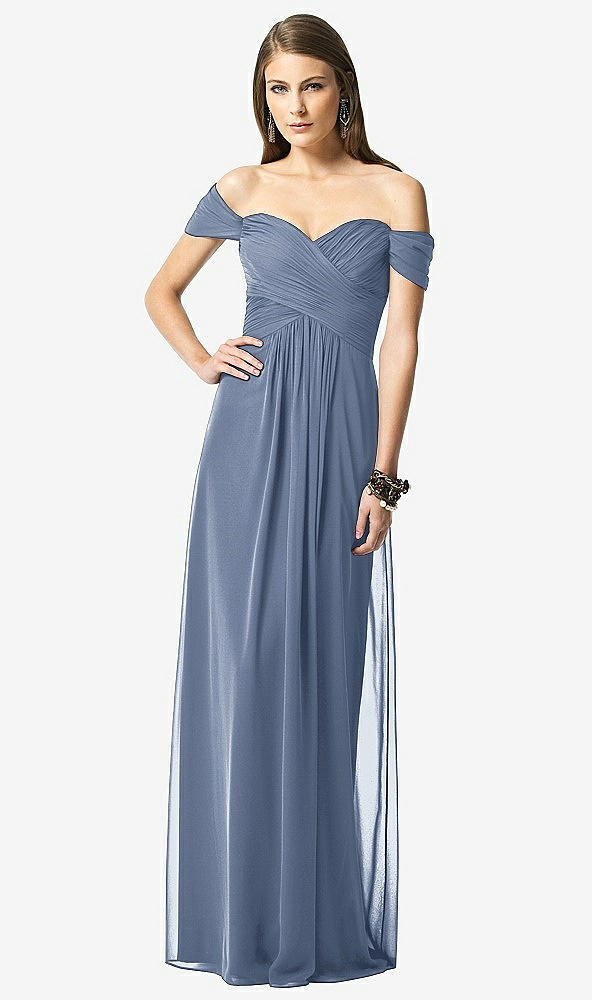 Front View - Larkspur Blue Off-the-Shoulder Ruched Chiffon Maxi Dress - Alessia