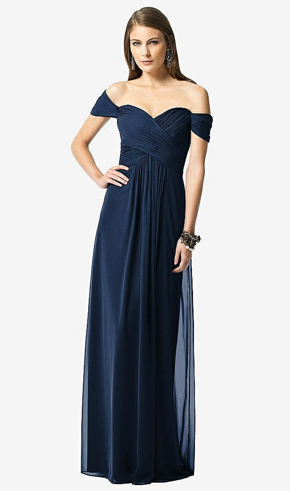 Front View - Midnight Navy Off-the-Shoulder Ruched Chiffon Maxi Dress - Alessia