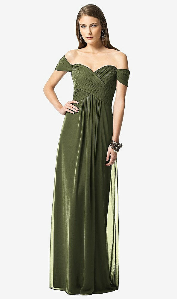 Front View - Olive Green Off-the-Shoulder Ruched Chiffon Maxi Dress - Alessia