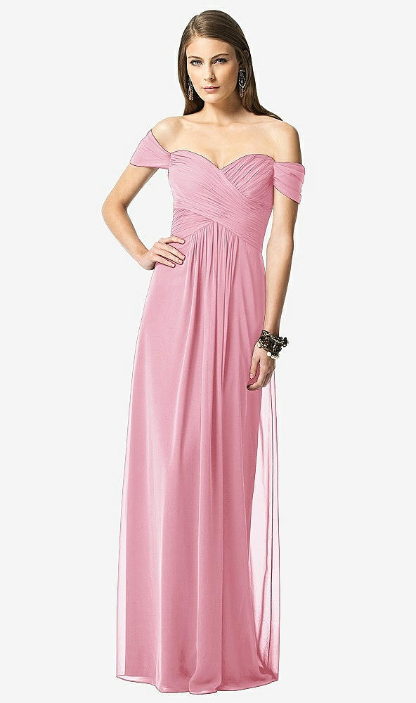 Front View - Peony Pink Off-the-Shoulder Ruched Chiffon Maxi Dress - Alessia
