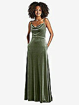 Front View Thumbnail - Sage Cowl-Neck Velvet Maxi Dress with Pockets